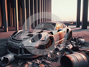 Crashed abandoned rusty expensive atmospheric supercar circulation banned for co2 emission dystopian