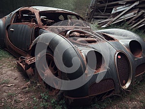 Crashed abandoned rusty expensive atmospheric supercar circulation banned for co2 emission dystopian