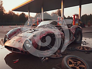 Crashed abandoned rusty expensive atmospheric supercar circulation banned for co2 emission dystopian