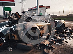 Crashed abandoned rusty expensive atmospheric supercar circulation banned for co2 emission dystopian