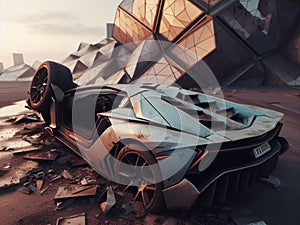 Crashed abandoned rusty expensive atmospheric supercar circulation banned for co2 emission dystopian