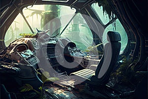 Crashed abandoned spaceship, empty overgrown cabin, generative AI