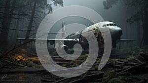Crashed Airplane In Foggy Wilderness: Zbrush Art With Supernatural Creatures