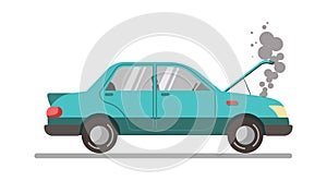 Crashed blue car with open hood, vector illustration isolated