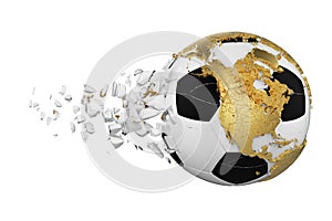 Crashed broken soccer ball with planet earth globe concept isolated on white background. Football ball with gold continents.