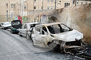 Crashed burned cars