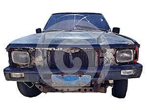 Crashed car font view isolated photo
