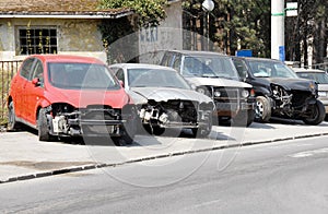 Crashed cars parked