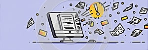Crashed Computer With Flying Files and Exclamation Marks Illustrating Technology Malfunction and Data Loss