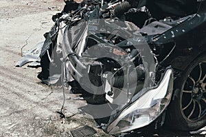 Crashed damaged broken car. automobile crash accident