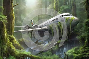 Crashed plane in the jungle. Neural network AI generated