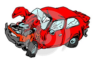 Crashed red car wreck disaster