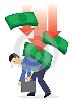 Crashing of dollar onto businessman. Concept of recession or stock economy crash