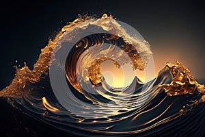 Crashing Ocean Waves Made of Molten Gold - Twilight Blue Waters - Generative AI