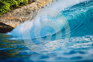 Crashing perfect wave in ocean. Breaking blue barrel wave