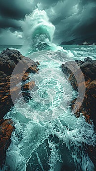 Crashing waves on a rocky coastline under a stormy sky