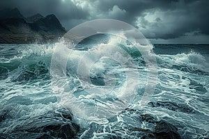 Crashing waves on a rocky coastline under a stormy sky