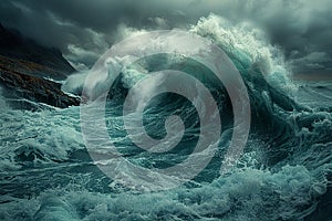 Crashing waves on a rocky coastline under a stormy sky