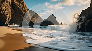 Crashing waves and rugged cliffs at a secluded beach nature background