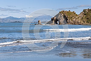 Crashing waves on Whites Bay beach near Rarangi in Marlborough region, New Zealand