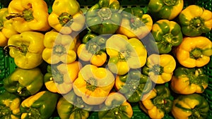 Crate abundance of green and yellow peppers