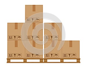 Crate boxes eight on wooded pallet, wood pallet with cardboard box in factory warehouse storage, flat style warehouse cardboard