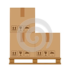 Crate boxes three on wooded pallet, wood pallet with cardboard box in factory warehouse storage, flat style warehouse cardboard