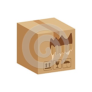 Crate boxes torn hole damaged, ripped broken cardboard box brown, damaged torn cardboard parcel boxes, packaging cargo tear, 3d