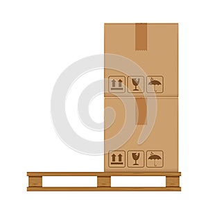 Crate boxes two on wooded pallet, wood pallet with cardboard box in factory warehouse storage, flat style warehouse cardboard
