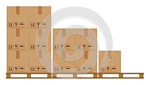 Crate boxes on wooded pallet, wood pallet with cardboard box in factory warehouse storage, flat style warehouse cardboard parcel