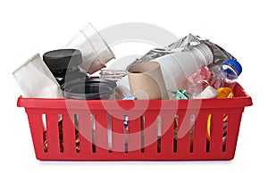 Crate with different garbage on white background.