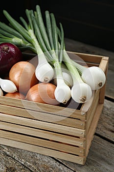 Crate with different kinds of onions on wooden table, closeup