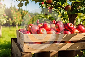 Crate Filled With Red Apples, Natural, Fresh, and Abundant Harvest, Ripe organic apples in a wooden boxes on the background of an