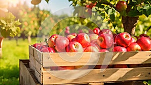 Crate Filled With Red Apples, Natural, Fresh, and Abundant Harvest, Ripe organic apples in a wooden boxes on the background of an