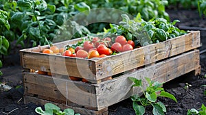 A crate of fresh tomatoes and basil, natural foods from the garden