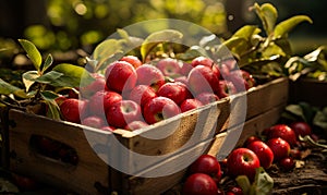 A Crate Overflowing With Juicy, Crimson Apples. A wooden crate filled with lots of red apples