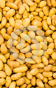 Crate of potatoes close-up on a market stall photo