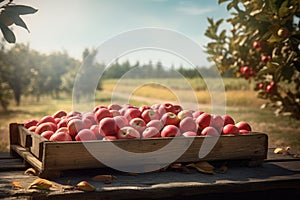 Crate Of Red Apples On Wooden Harvest Table. AI generated