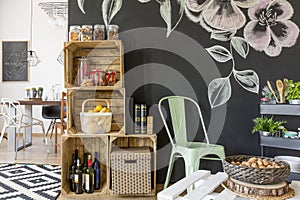 Crate regale and chalkboard