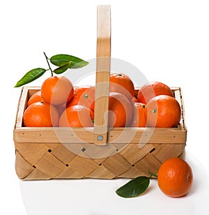 Crate of ripe tangerines with green leaves