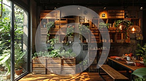 Crate shelves and dining table in an interior