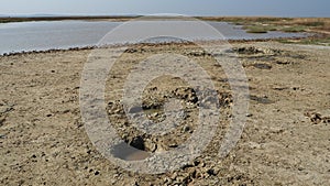 Crater with gray volcanic healing clay. A hole with a prominent amorphous mass from the depths of the earth. Mud and gas