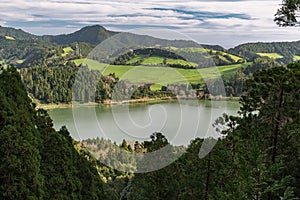 The crater lake Lagoa das Furnas in the homonym volcanic caldera in Sao Miguel island Azores, Portugal