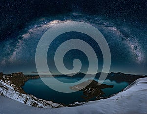 Crater lake with milkyway photo