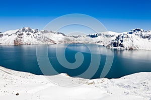 Crater Lake and snow mountain