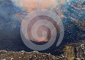 Crater of the Masaya volcano with lava inside. Close-up view