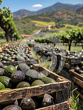 Crates filled with avocados in an orchard with mountains in the background.