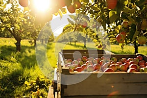 crates of freshly picked apples in a sunlit apple orchard