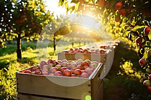 crates of freshly picked apples in a sunlit apple orchard