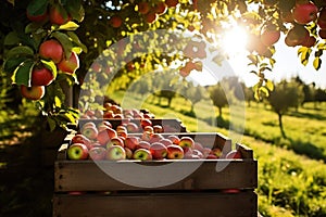 crates of freshly picked apples in a sunlit apple orchard